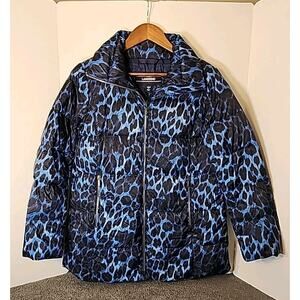 Lands End Down Blue Puffer Jacket Cheetah Print Women XS New With Tags